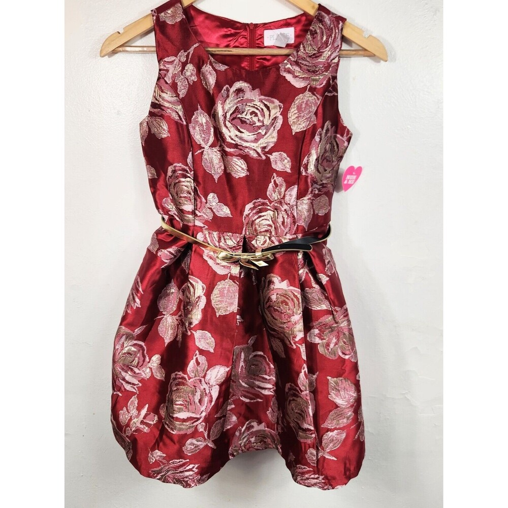 NWT Childrens Place Girls Red/Gold Flower Pattern Dress With Gold Belt Size 14